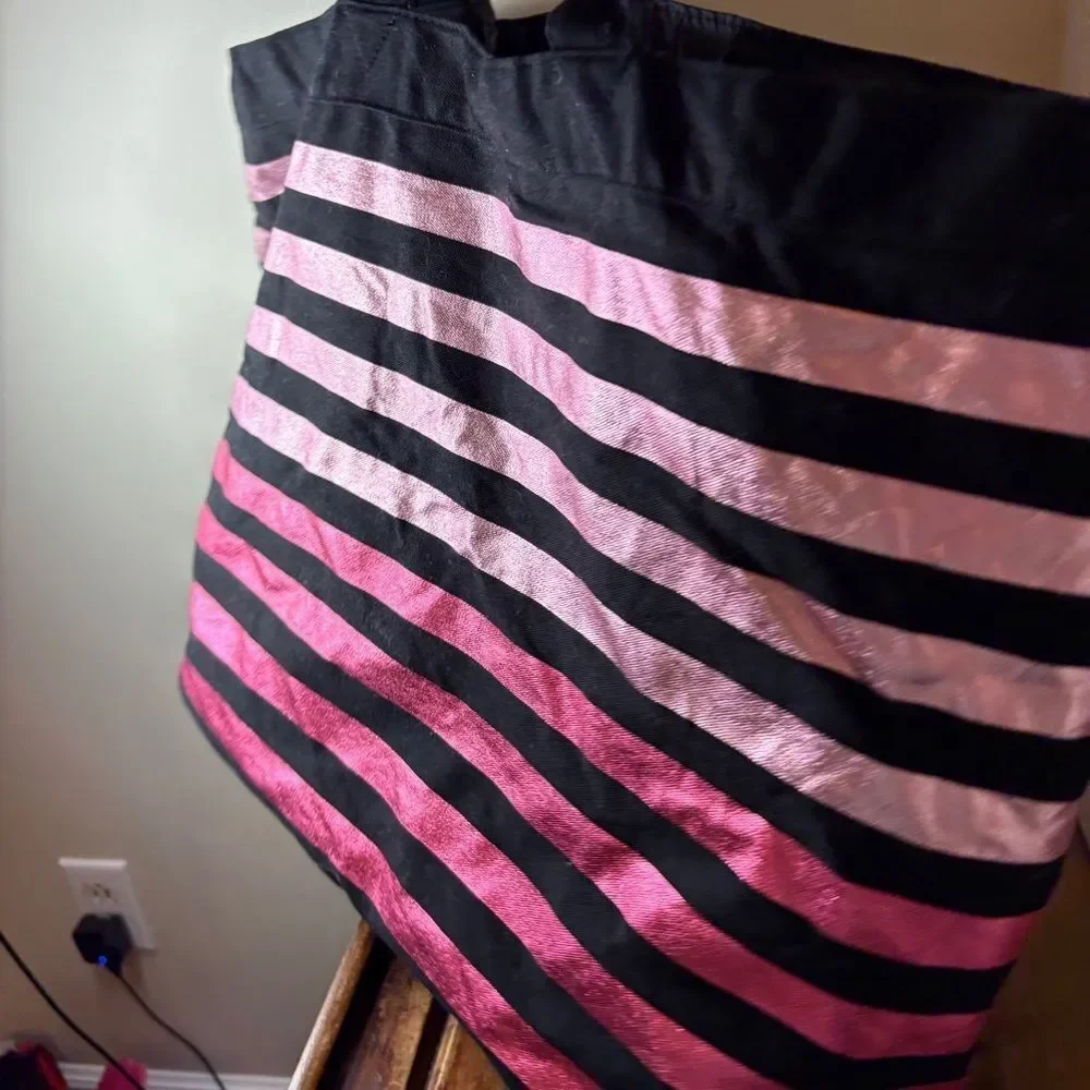 Victoria's Secret Black and Metallic Pink Striped Large Tote see pix for blemish